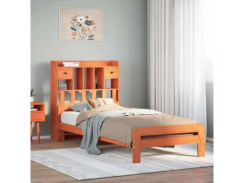 Lit bibliothèque sans matelas cire marron 75x190 cm pin massif