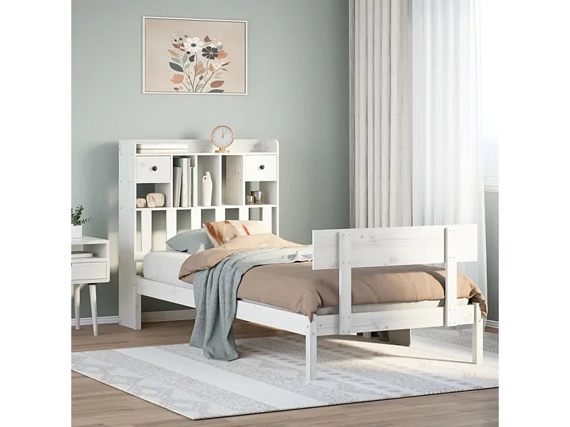 Cama con estantería sin colchón madera maciza blanca 75x190 cm