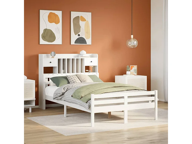 Cama con estantería sin colchón madera maciza blanca 135x190 cm