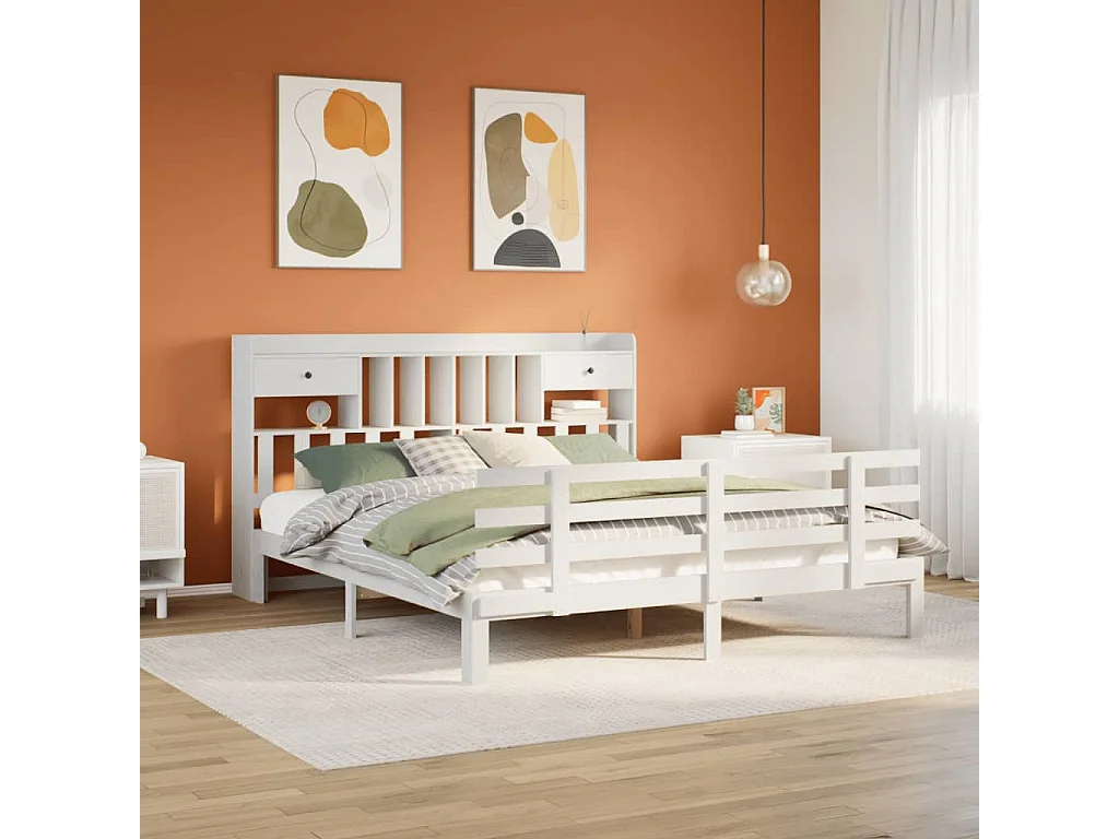 Lit bibliothèque sans matelas blanc 180x200 cm bois pin massif