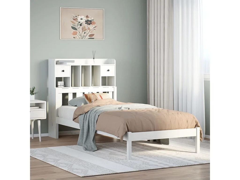 Lit bibliothèque sans matelas blanc 90x200cm bois de pin massif