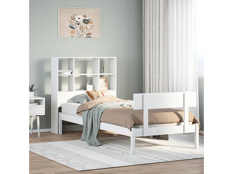 Lit bibliothèque sans matelas blanc 90x190cm bois de pin massif
