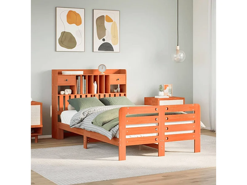 Lit bibliothèque sans matelas cire marron 135x190 cm pin massif