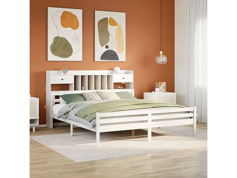 Cama com estante sem colchão 180x200 cm pinho maciço branco