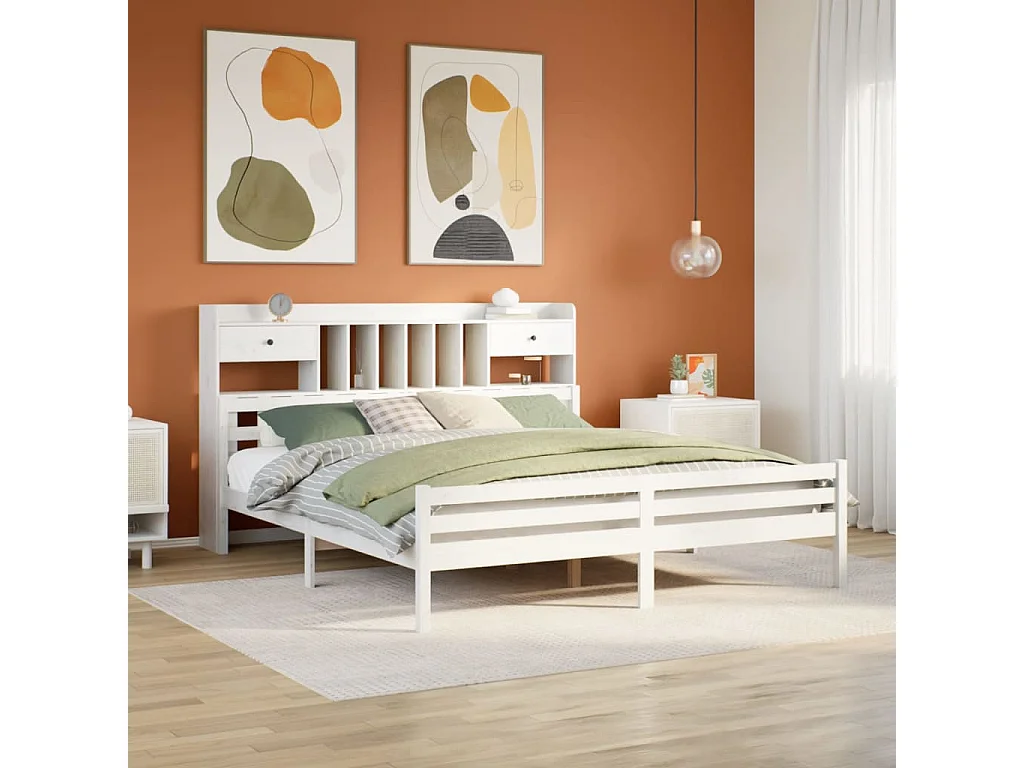 Cama com estante sem colchão 180x200 cm pinho maciço branco
