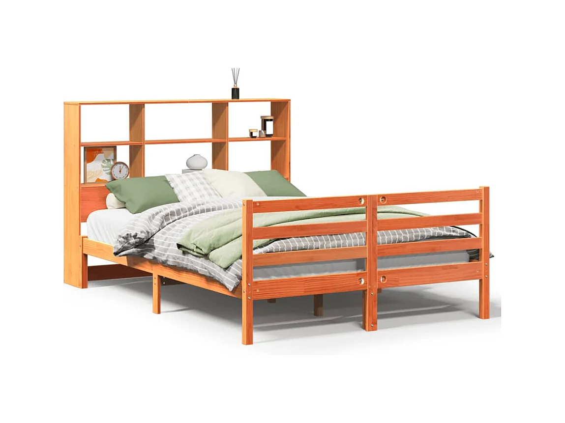 Lit bibliothèque sans matelas cire marron 140x190cm bois massif
