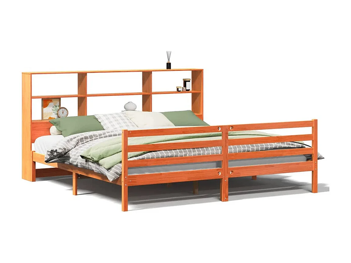 Lit bibliothèque sans matelas cire marron 180x200cm bois massif