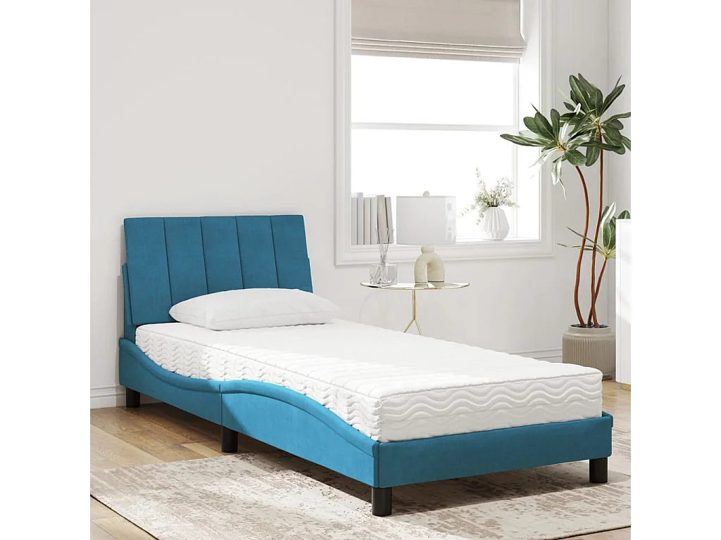 Cama com colchão 90x190 cm veludo azul