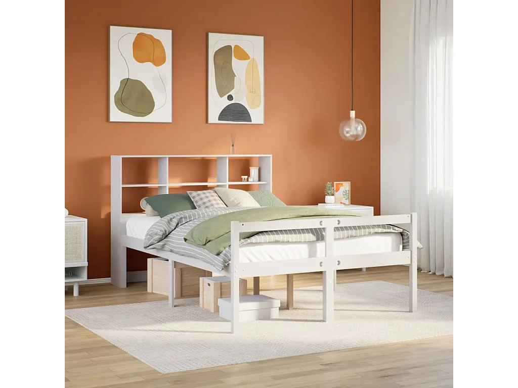 Cama con estantería sin colchón madera maciza blanca 140x190 cm