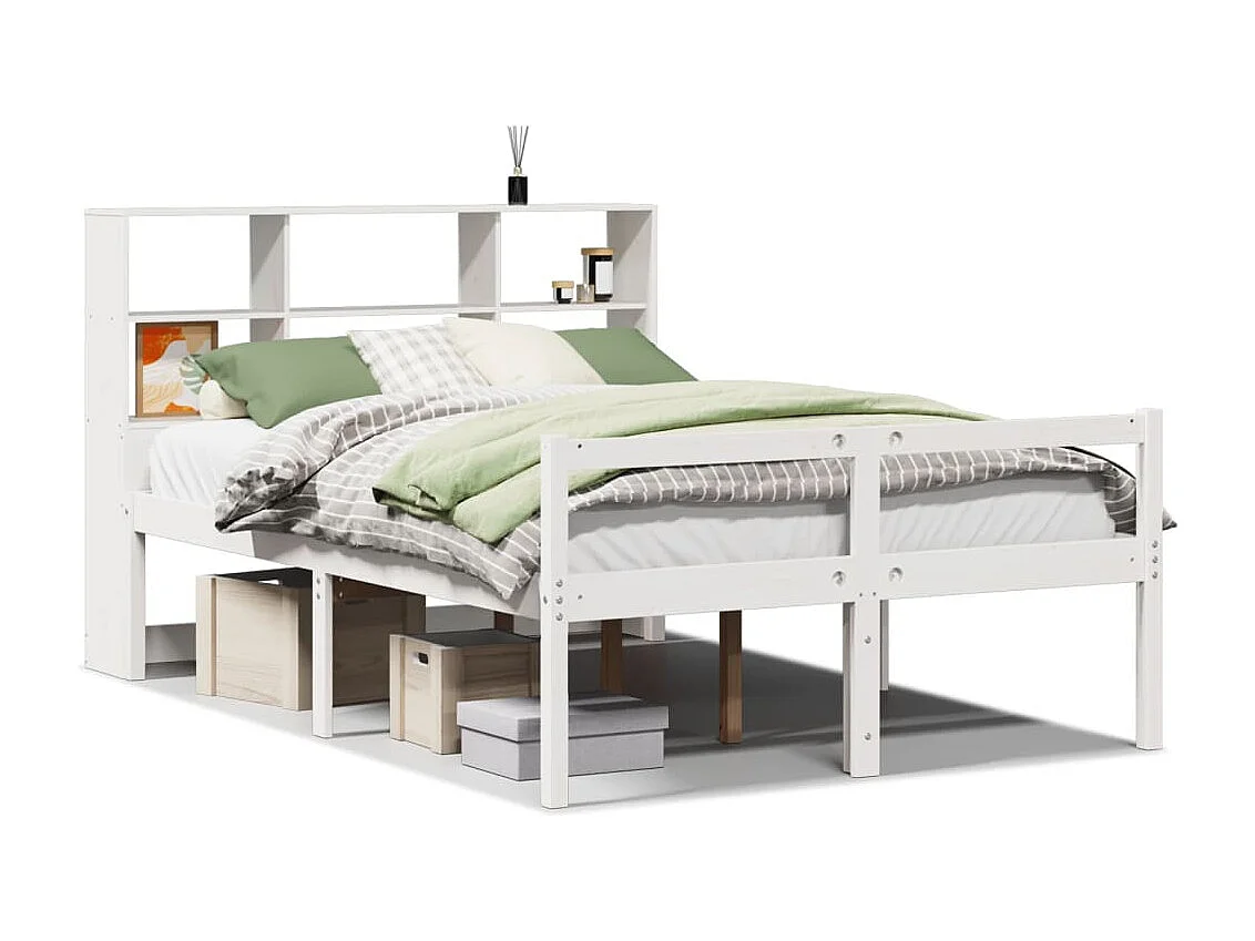 Cama con estantería sin colchón madera maciza blanca 140x190 cm