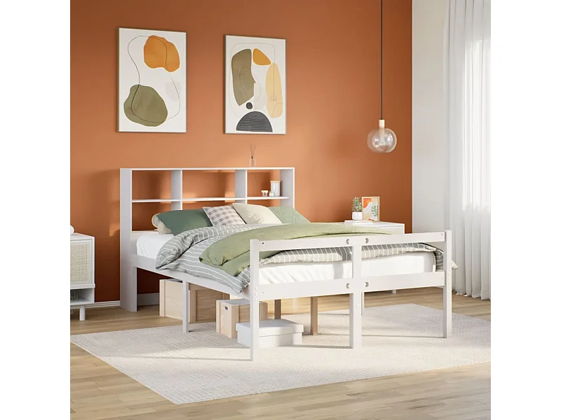 Cama con estantería sin colchón madera maciza blanca 140x190 cm