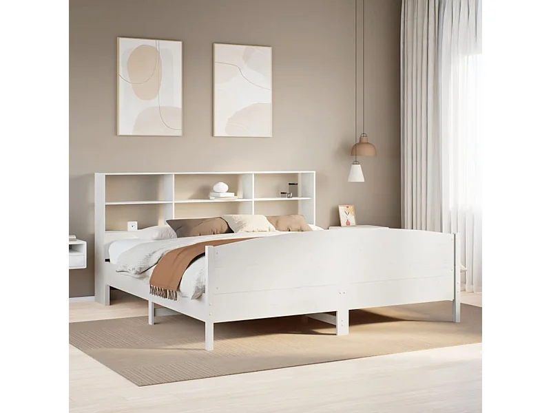 Cama con estantería sin colchón madera maciza blanca 180x200 cm
