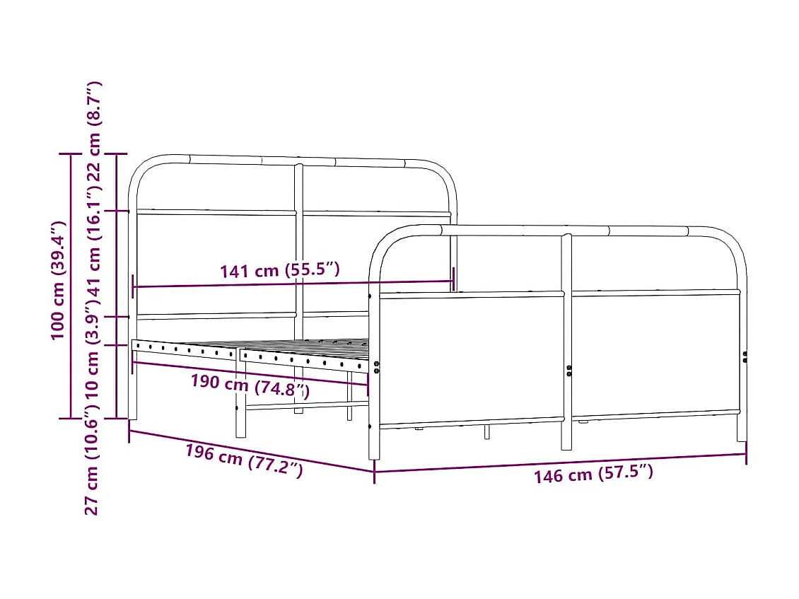 Estrutura de cama sem colchão 140x190 cm metal carvalho sonoma