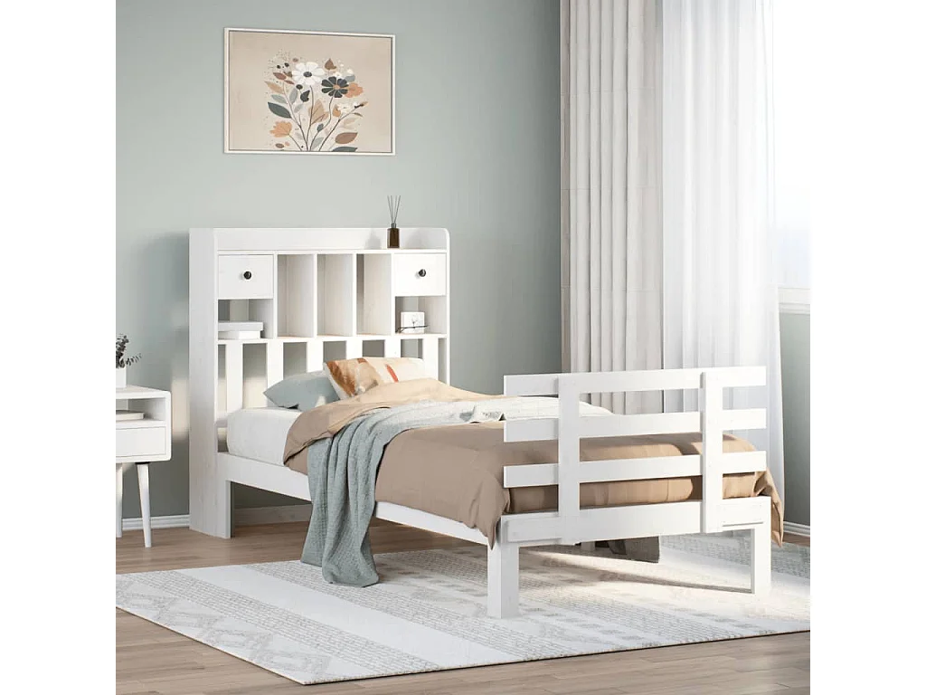 Cama com estante sem colchão 75x190 cm pinho maciço branco