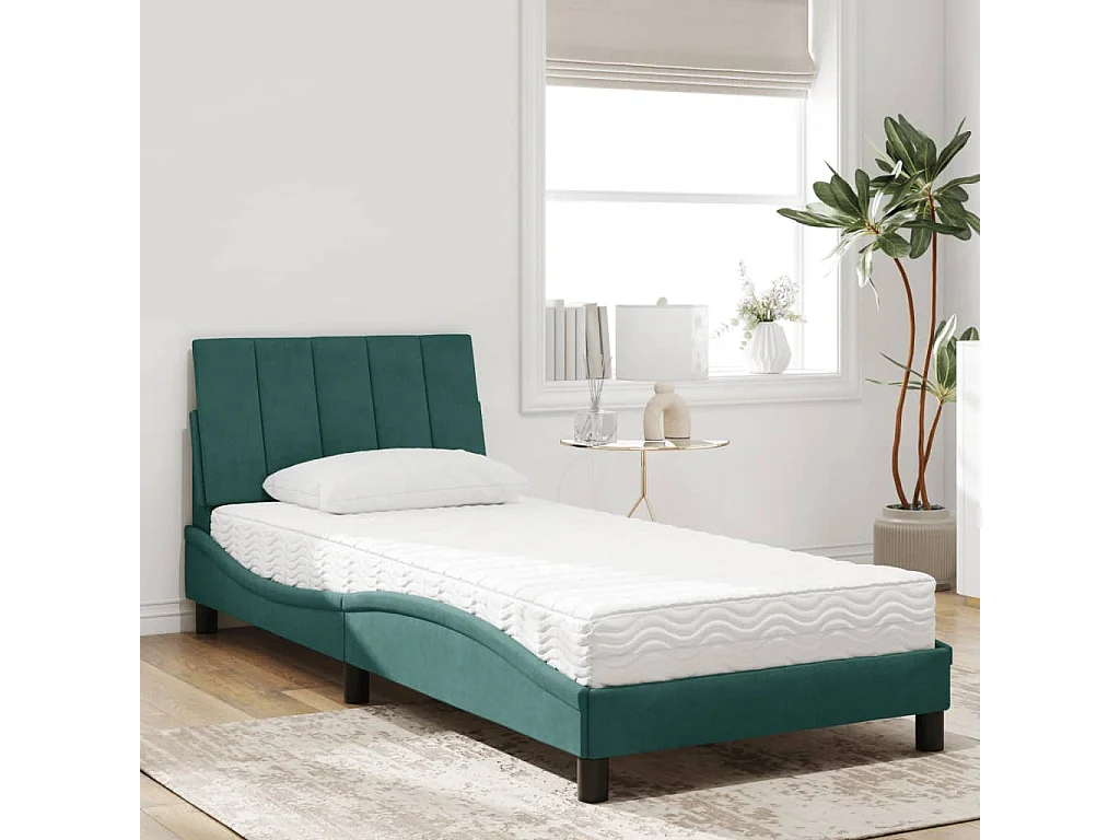 Lit avec matelas vert foncé 90x190 cm velours