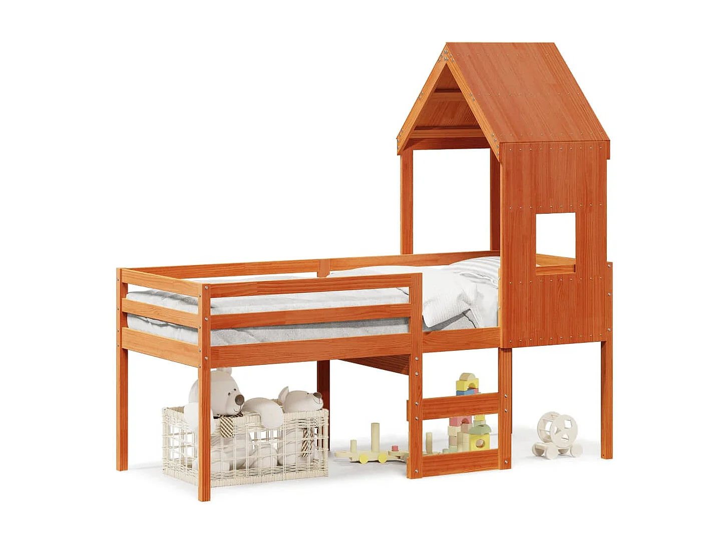 Cama alta com telhado 80x200 cm pinho maciço castanho-mel