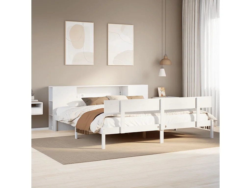 Lit bibliothèque sans matelas blanc 200x200 cm bois pin massif