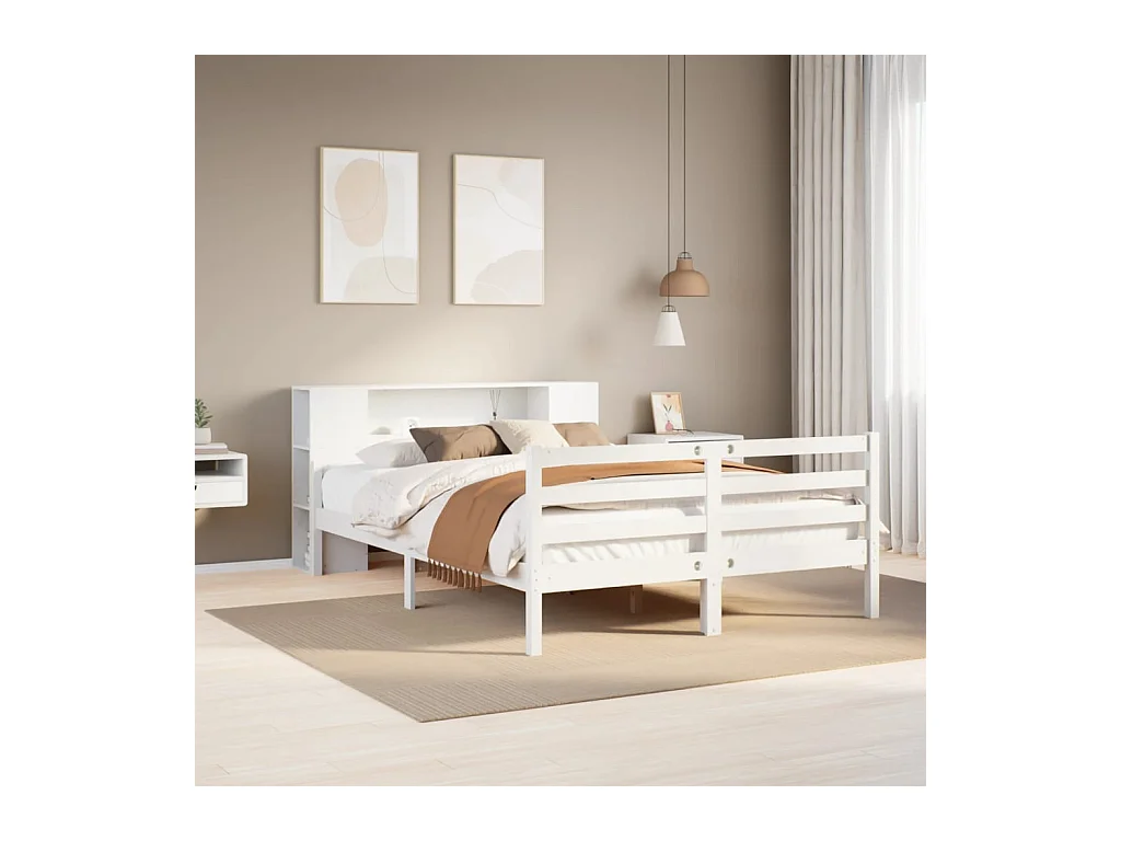 Cama con estantería sin colchón madera maciza blanca 135x190 cm