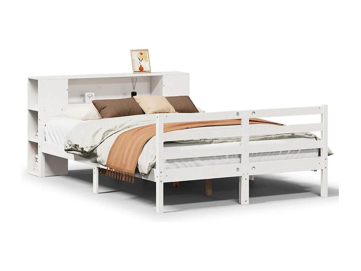Cama con estantería sin colchón madera maciza blanca 135x190 cm