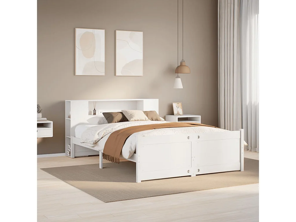 Lit bibliothèque sans matelas blanc 135x190 cm bois pin massif