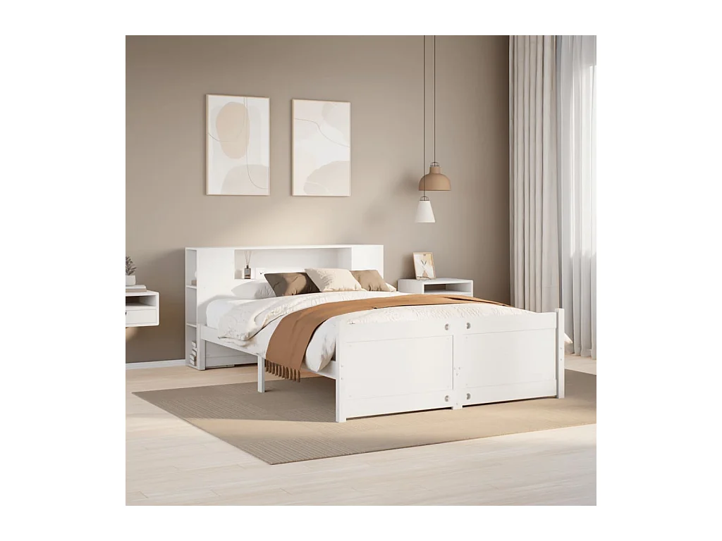 Lit bibliothèque sans matelas blanc 135x190 cm bois pin massif
