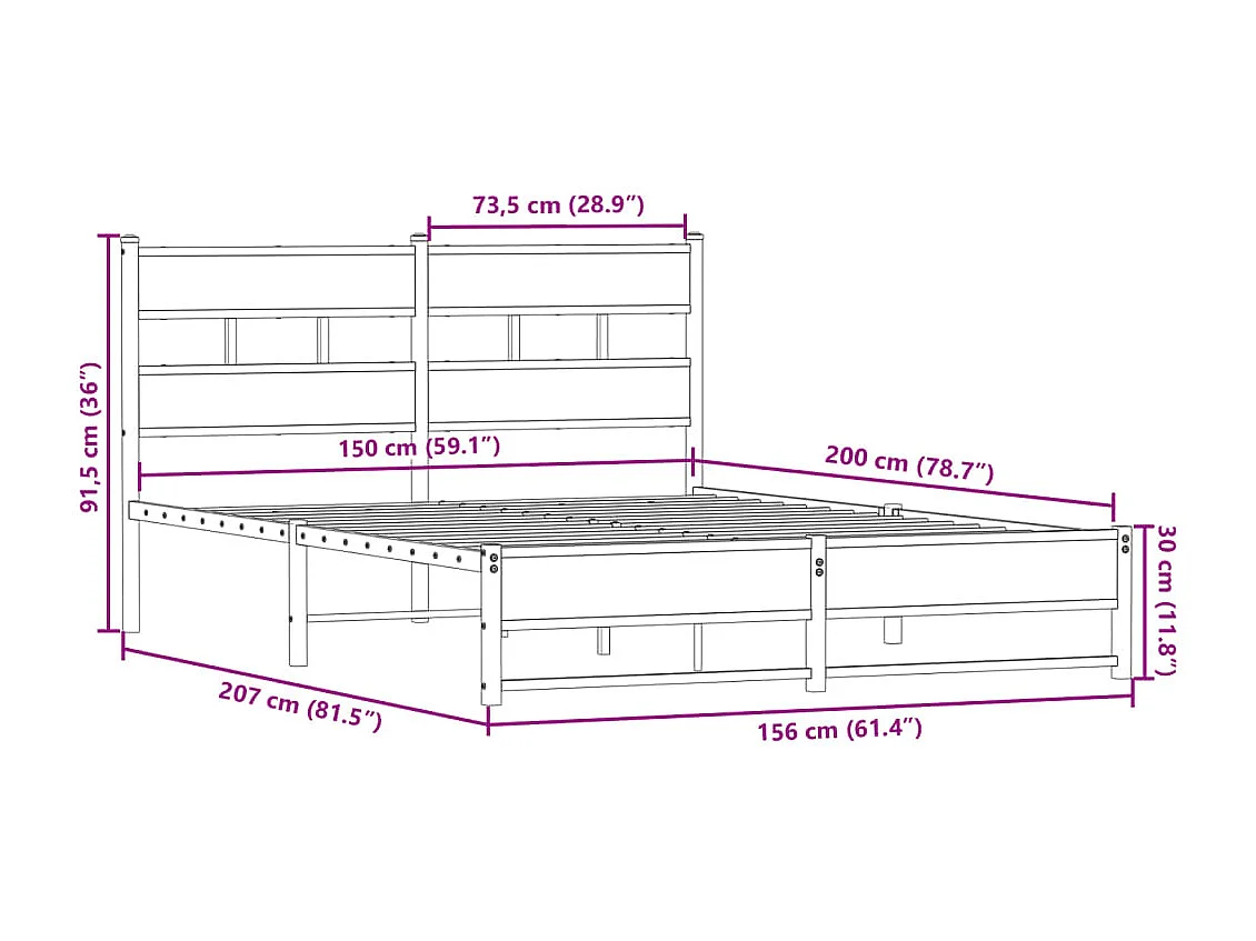 Estrutura de cama sem colchão 150x200cm metal carvalho sonoma