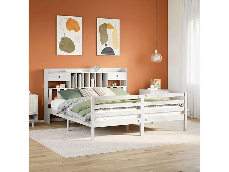 Cama com estante sem colchão 180x200 cm pinho maciço branco