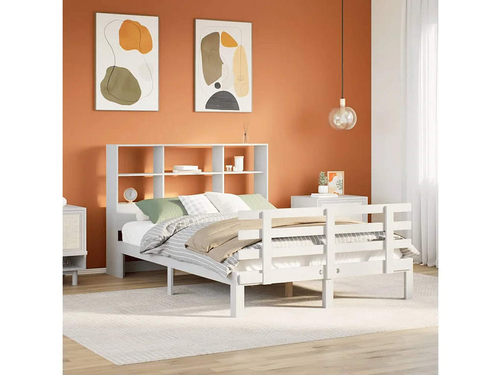 Cama con estantería sin colchón madera maciza blanca 140x190 cm