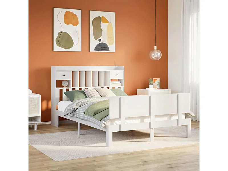 Lit bibliothèque sans matelas blanc 140x190 cm bois pin massif