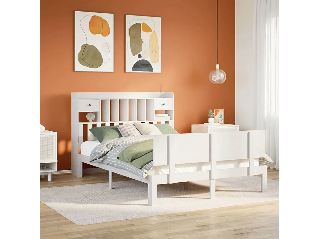 Lit bibliothèque sans matelas blanc 140x190 cm bois pin massif