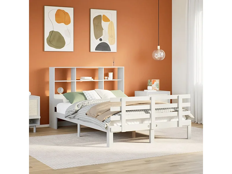 Lit bibliothèque sans matelas blanc 160x200 cm bois pin massif