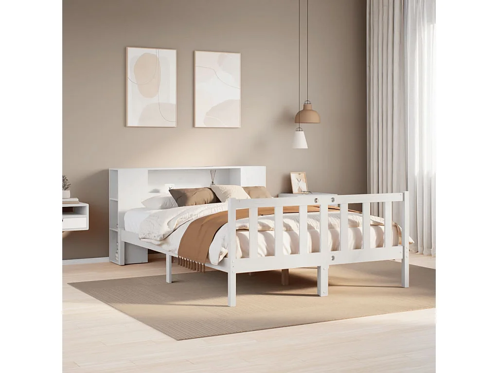 Lit bibliothèque sans matelas blanc 140x190 cm bois pin massif