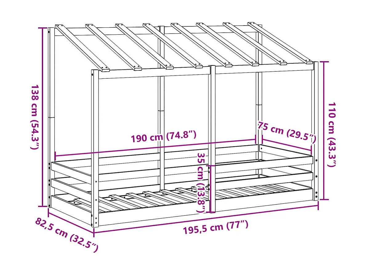 Cama infantil com telhado 75x190 cm pinho maciço castanho-mel