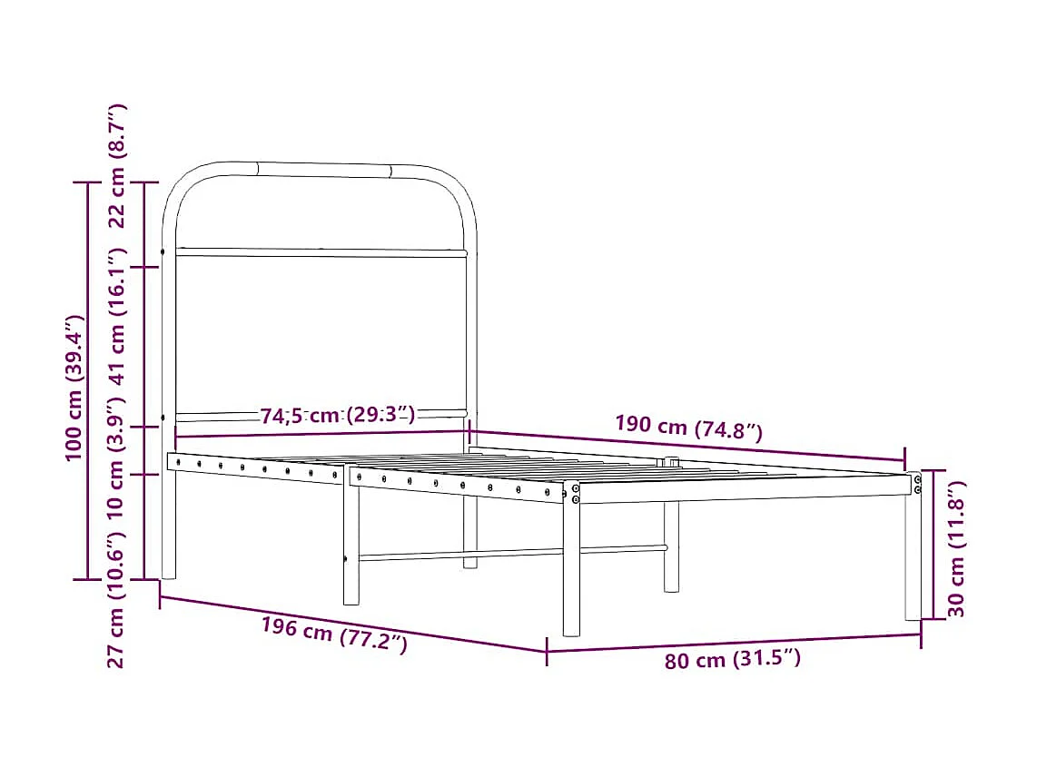 Cadre de lit sans matelas chêne fumé 75x190cm bois d'ingénierie