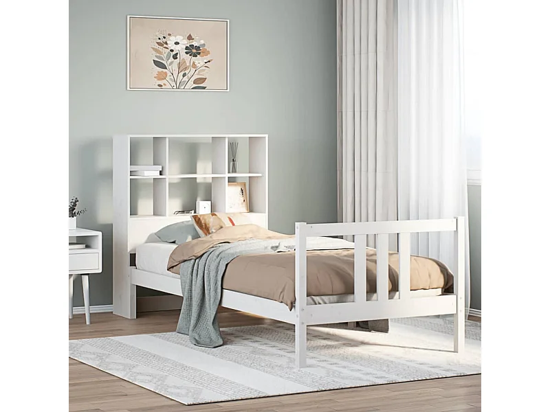 Lit bibliothèque sans matelas blanc 90x200cm bois de pin massif