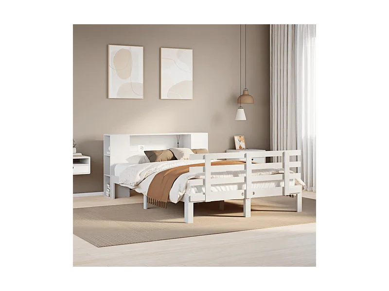 Cama con estantería sin colchón madera maciza blanca 120x200 cm