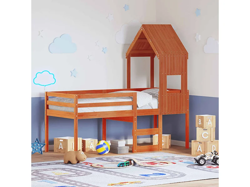 Cama alta con techo madera maciza de pino marrón cera 75x190 cm