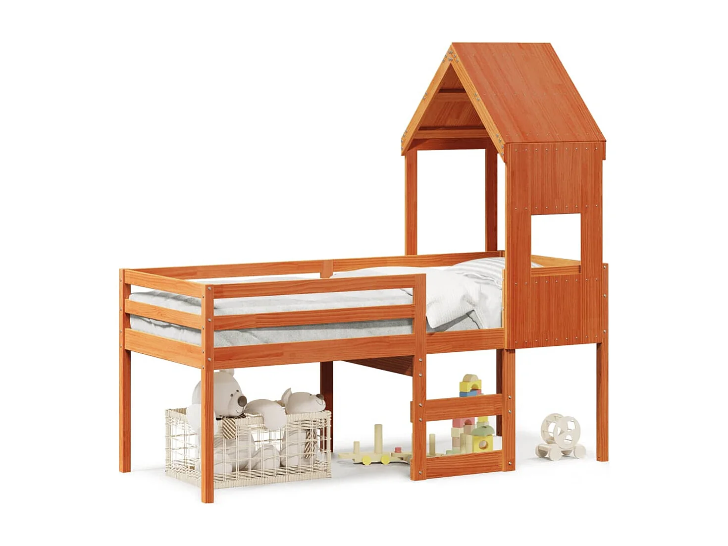 Lit haut avec toit cire marron 75x190 cm bois de pin massif