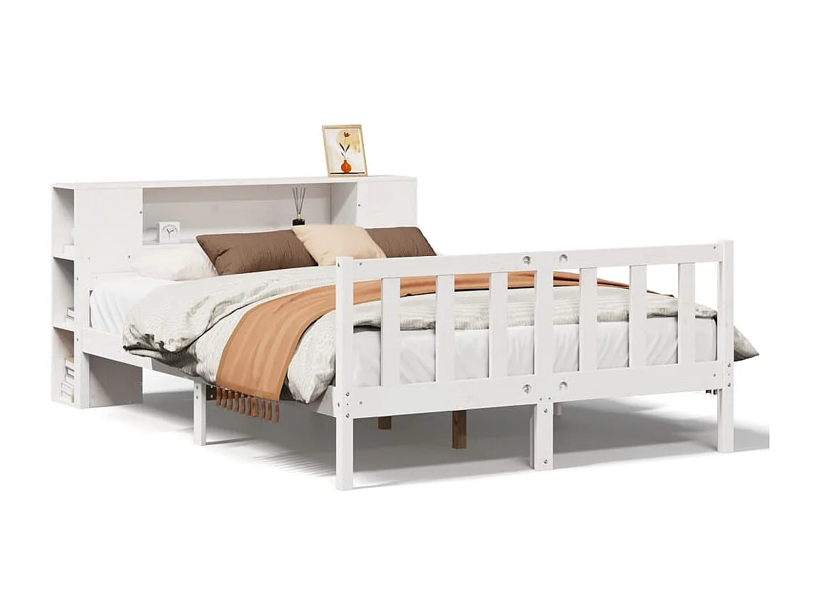 Cama con estantería sin colchón madera maciza blanca 150x200 cm