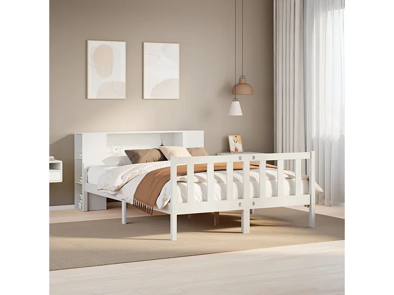 Cama con estantería sin colchón madera maciza blanca 150x200 cm
