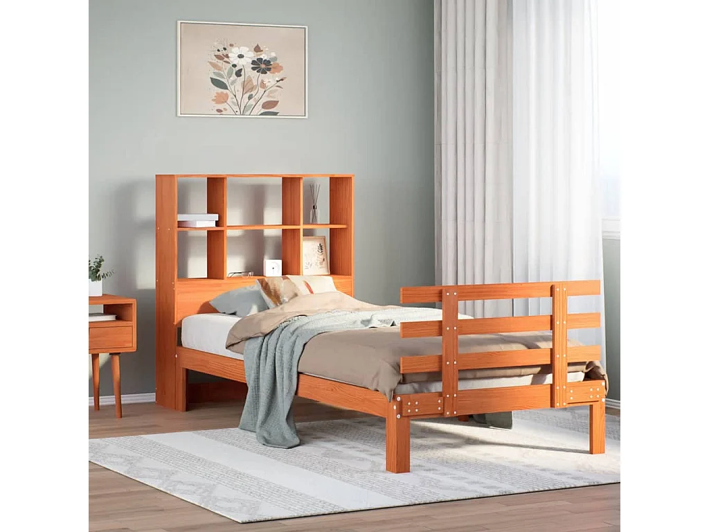 Cama com estante sem colchão 90x200cm pinho maciço castanho-mel