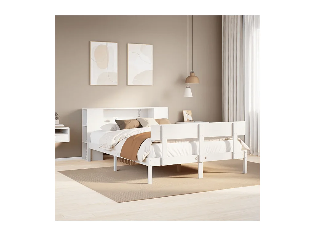 Lit bibliothèque sans matelas blanc 135x190 cm bois pin massif