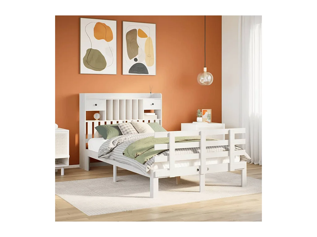 Lit bibliothèque sans matelas blanc 135x190 cm bois pin massif