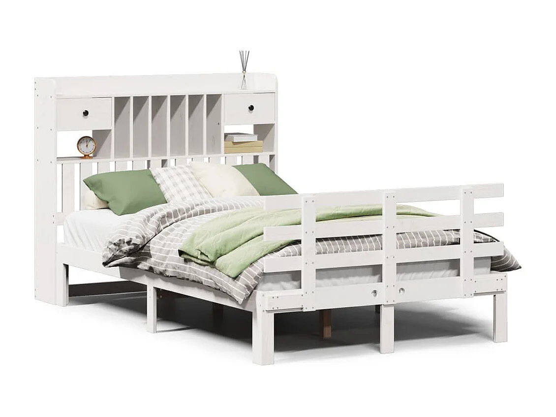 Lit bibliothèque sans matelas blanc 135x190 cm bois pin massif