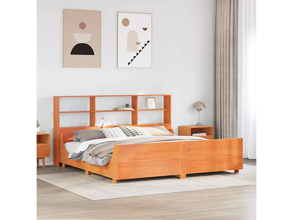 Lit bibliothèque sans matelas cire marron 200x200cm bois massif