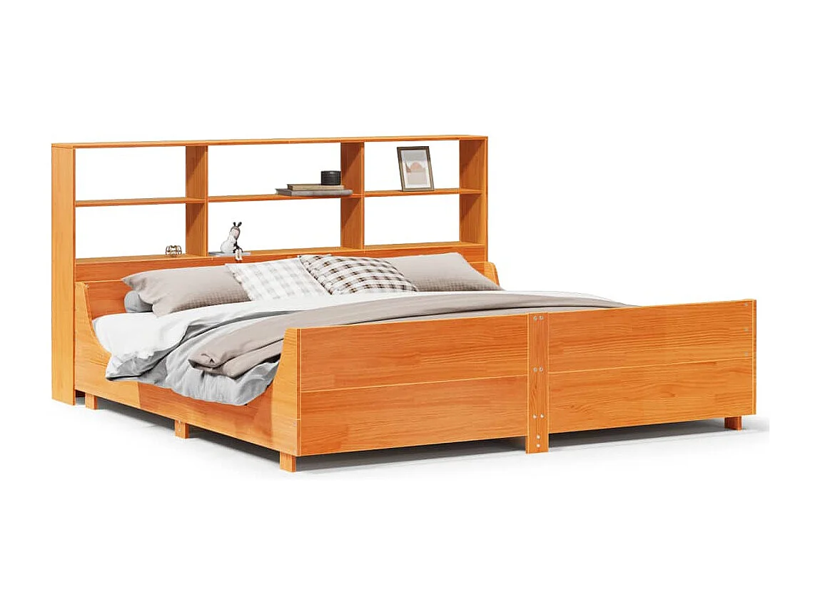 Lit bibliothèque sans matelas cire marron 200x200cm bois massif
