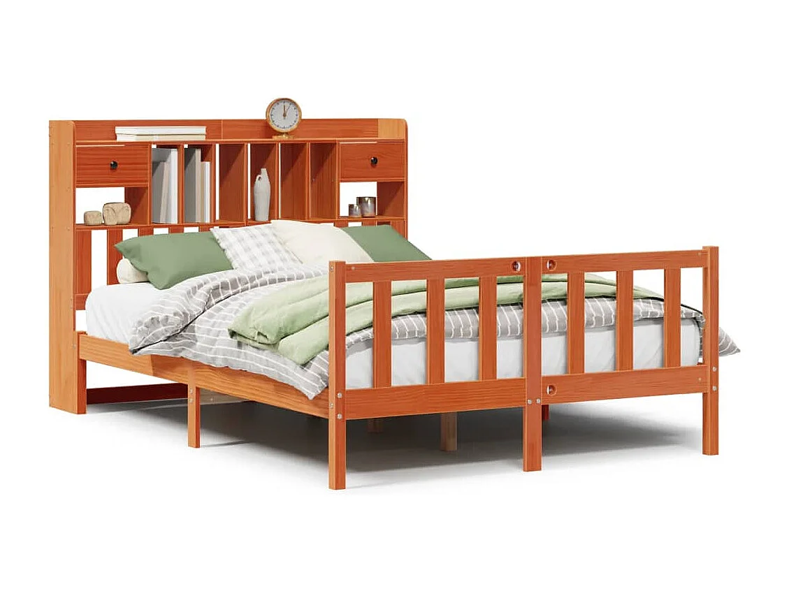 Lit bibliothèque sans matelas cire marron 140x200 cm pin massif