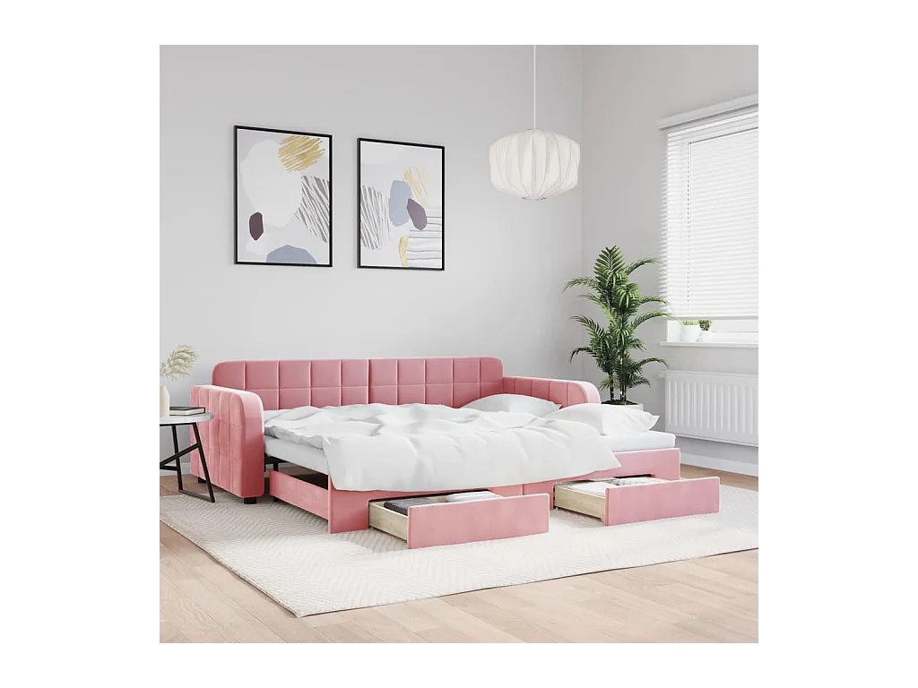 Lit de jour avec gigogne et tiroirs rose 90x200 cm velours