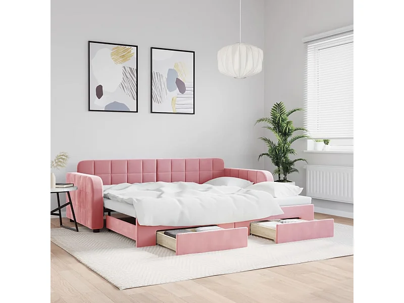 Slaapbank met onderschuifbed en lades 90x200 cm fluweel roze