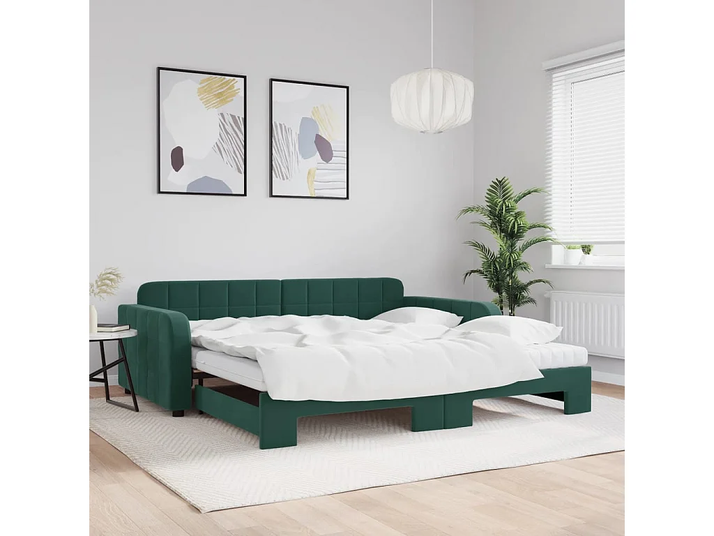 Sofá-cama com gavetão e colchões 100x200cm veludo verde-escuro